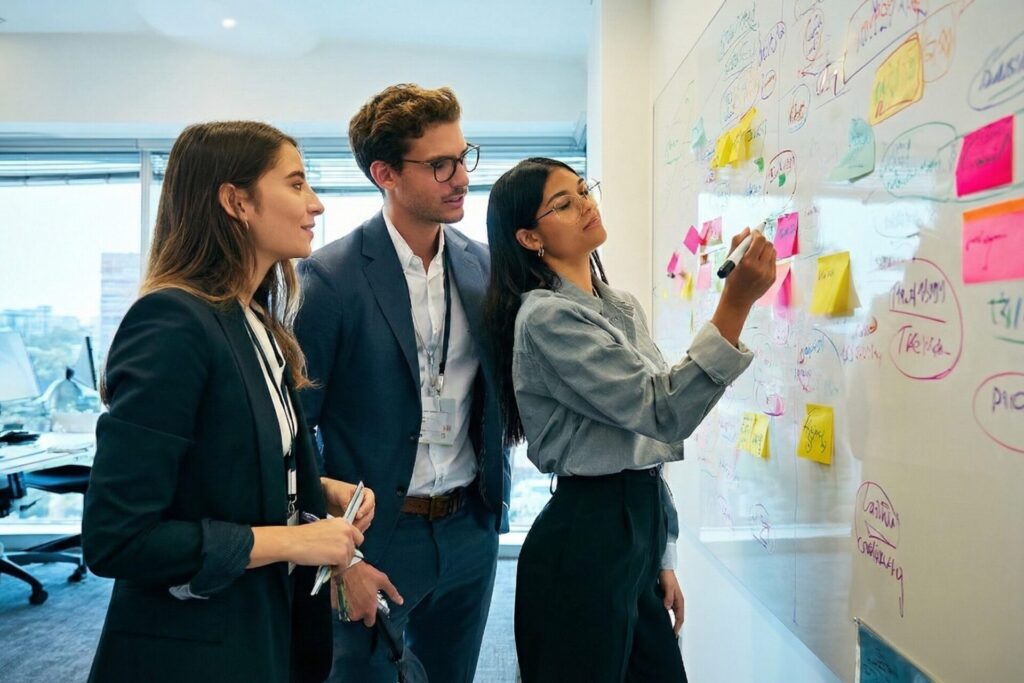 Marketing team diagnosing marketing problems collaboratively at a whiteboard to identify root causes before developing campaign strategy