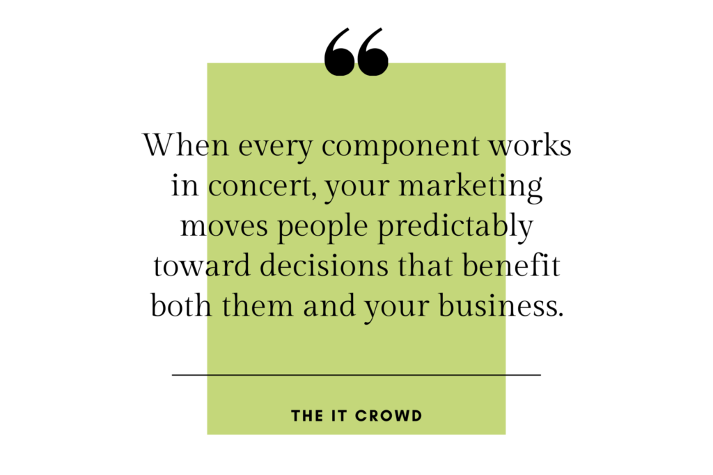 Quote: "When every component works in concert, your marketing moves people predictably toward decisions that benefit both them and your business." –The it Crowd