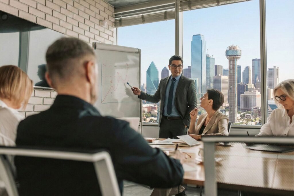 Business executive presenting marketing ROI data on whiteboard to leadership team in Dallas boardroom with city skyline view