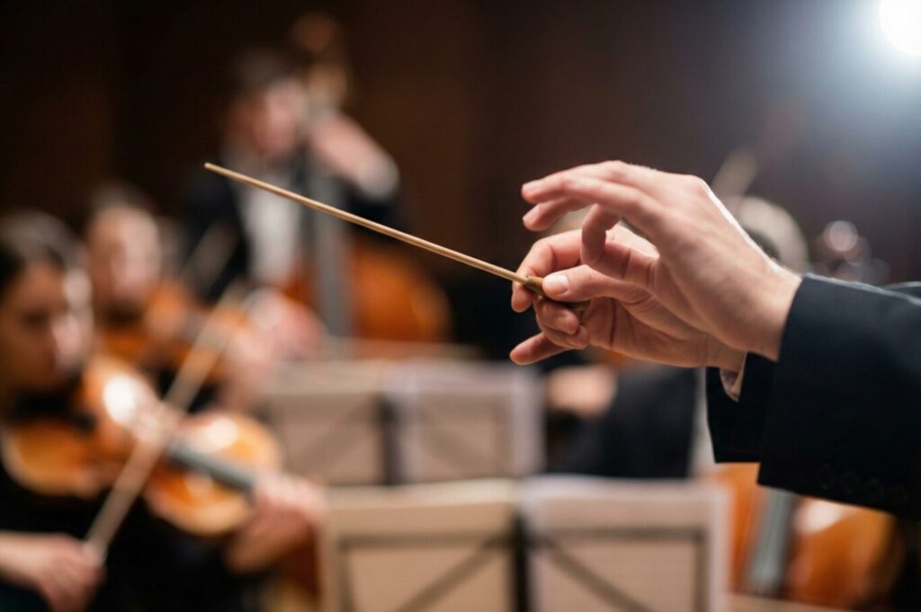 Orchestra conductor holding baton symbolizing marketing delegation for CEOs through strategic leadership not execution