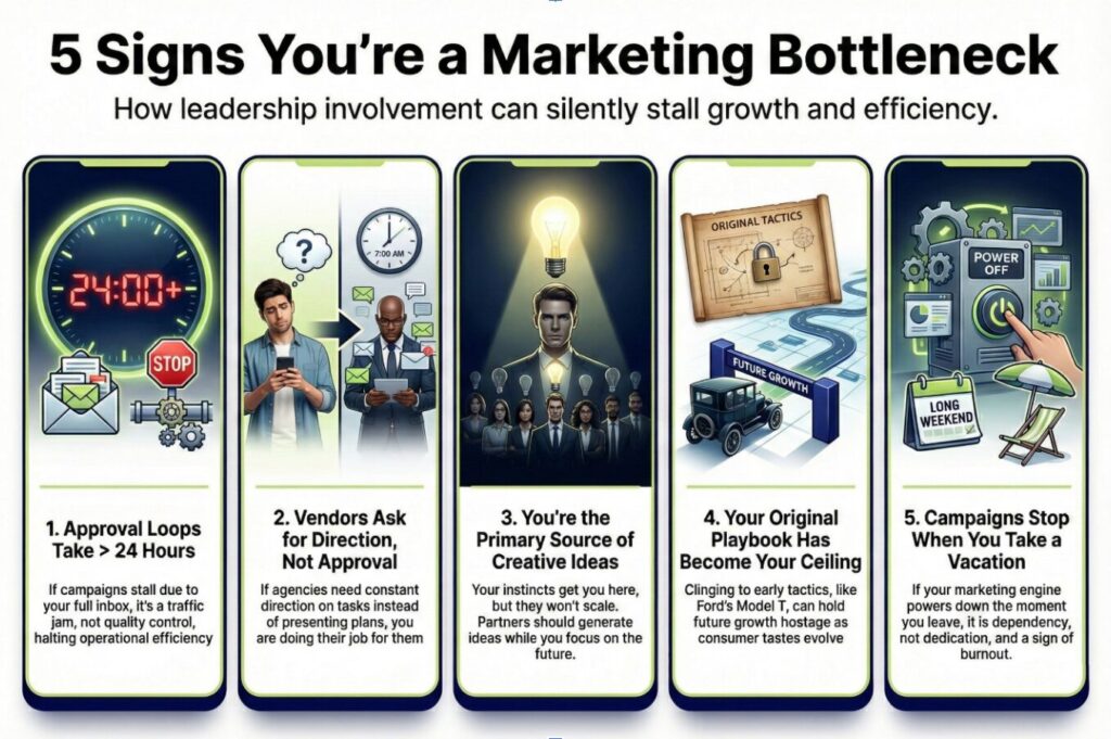Infographic showing 5 marketing bottleneck signs: slow approvals, vendor confusion, idea dependence, old tactics, vacation halts