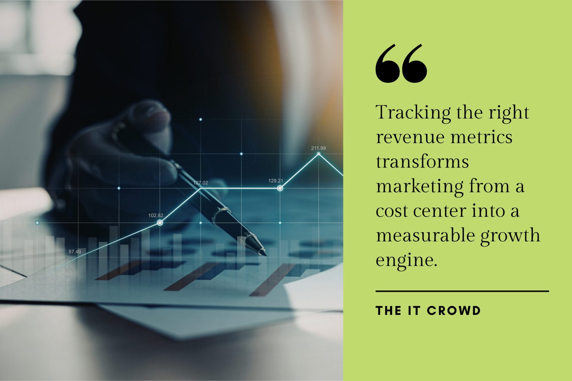 A professional holding a pen over printed charts with a glowing digital line graph overlay showing upward growth trends.