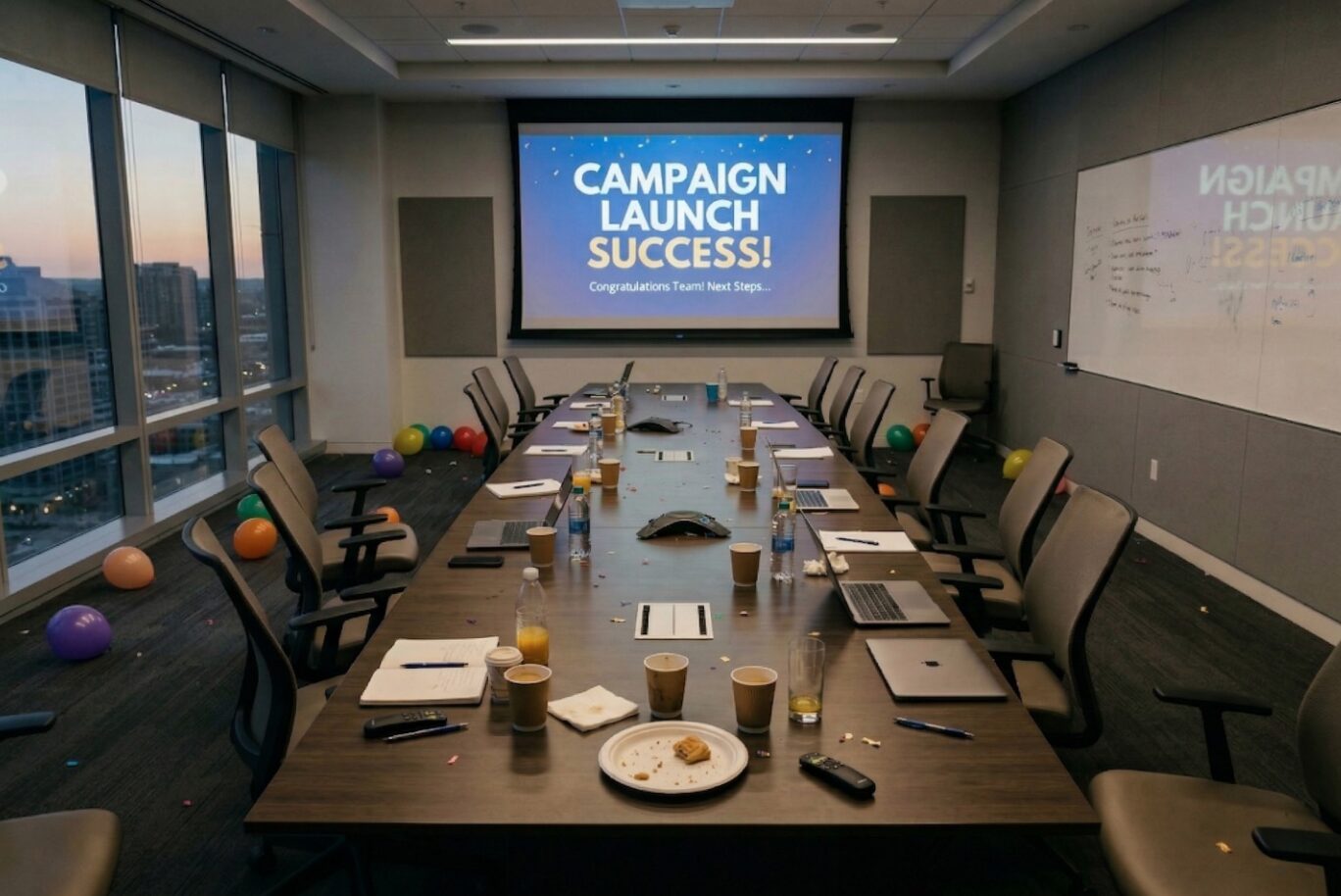 Empty boardroom after a campaign launch celebration, with balloons, confetti, and leftover coffee cups on the table.