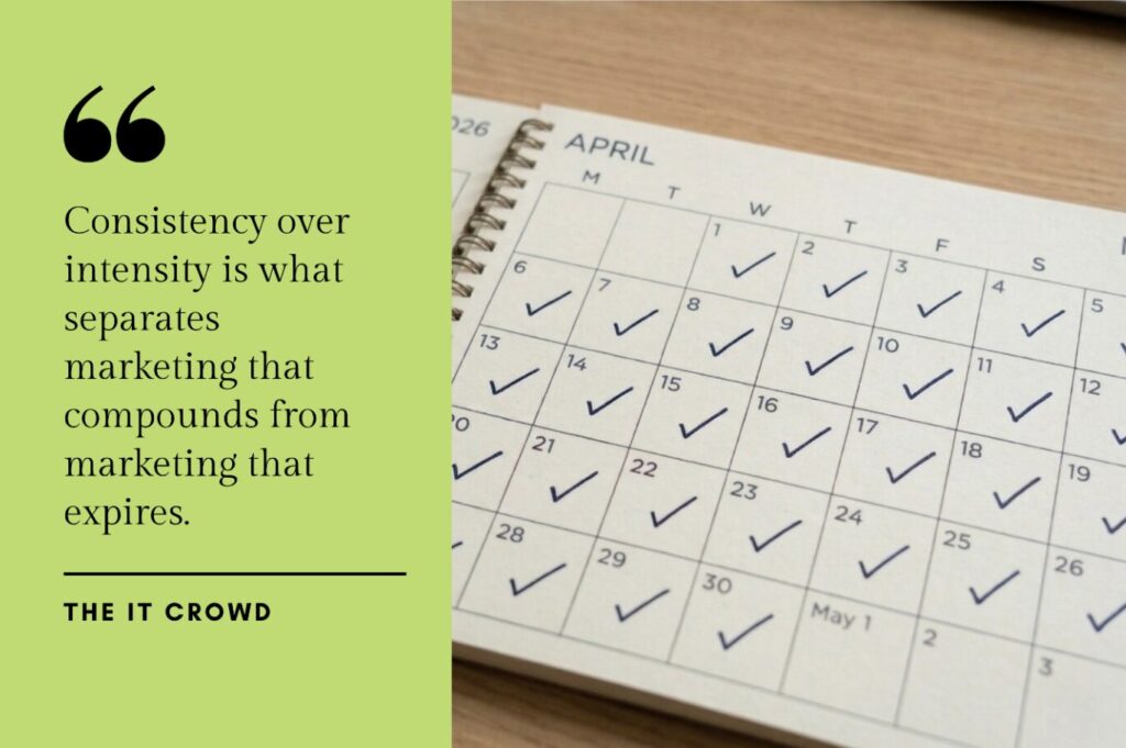 A spiral-bound calendar showing two months of consecutive daily check marks, representing consistent marketing execution over time.