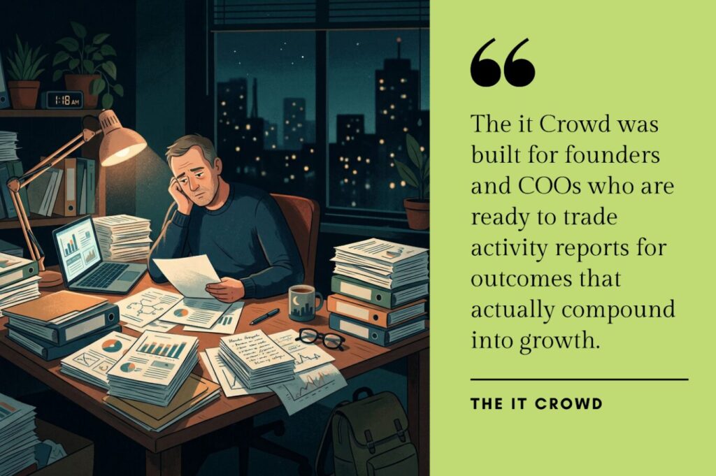 Exhausted business owner surrounded by marketing reports late at night, illustrating the cost of activity without strategy.