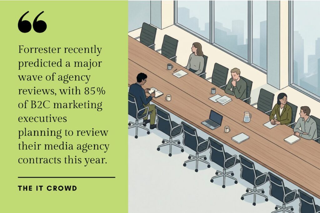 A near-empty boardroom with a small team, capturing the moment a business recognizes it needs a strategic marketing partner.