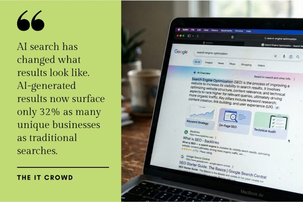 A MacBook displaying a Google search for SEO with an AI Overview panel, illustrating how search results are evolving in 2026.