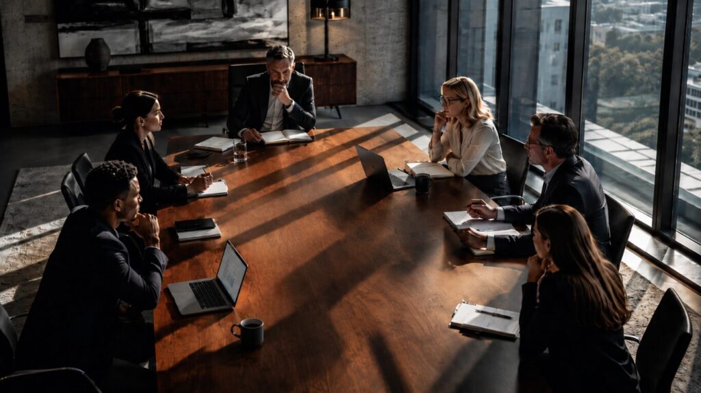 B2B marketing strategy meeting with professionals deliberating around a boardroom table with documents and laptops.