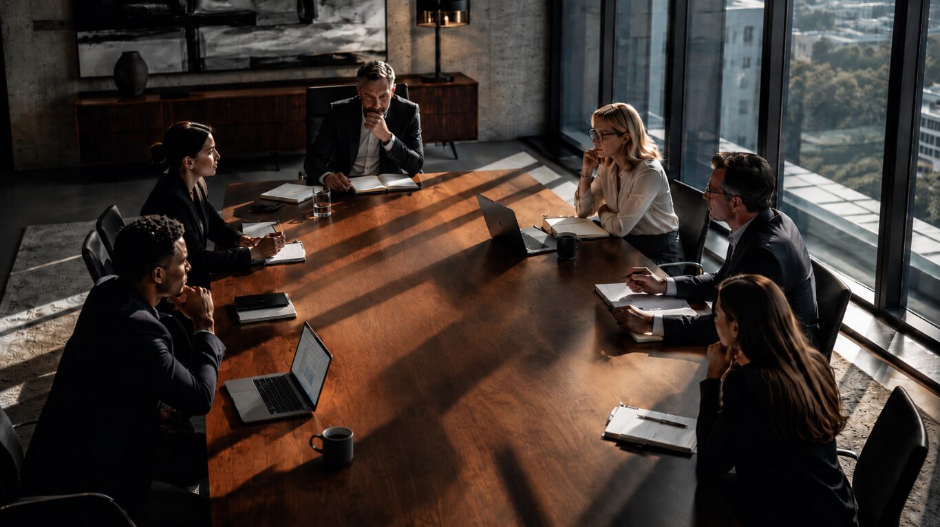 B2B marketing strategy meeting with professionals deliberating around a boardroom table with documents and laptops.
