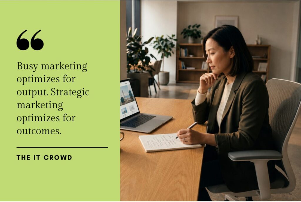 A professional woman in a blazer reviews notes beside a laptop in a clean, warmly lit modern office environment.
