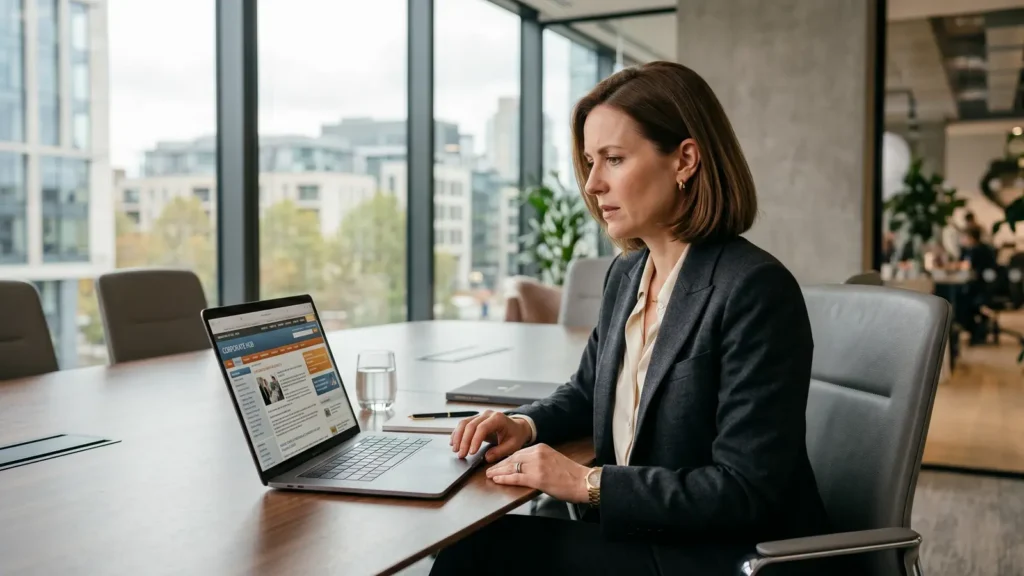 Signs your business has outgrown its website: a concerned executive reviews an outdated company site in a modern boardroom