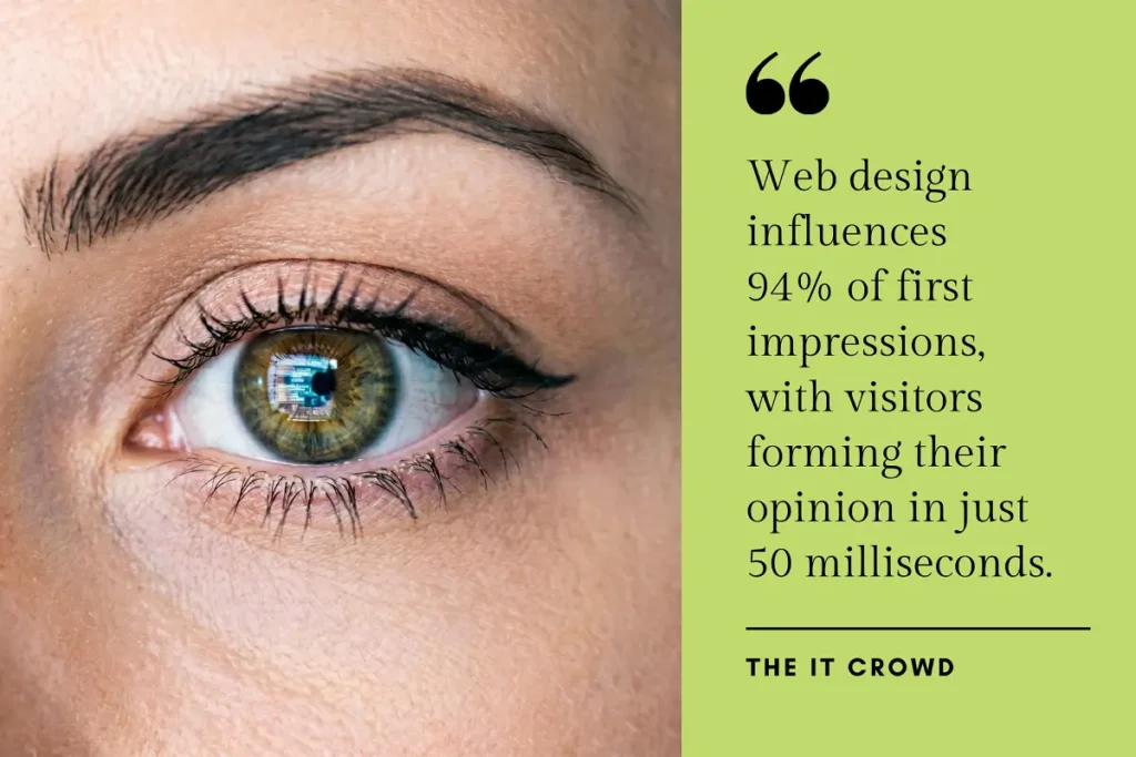 Extreme close-up of a human eye reflecting a screen, illustrating how quickly website first impressions are formed.