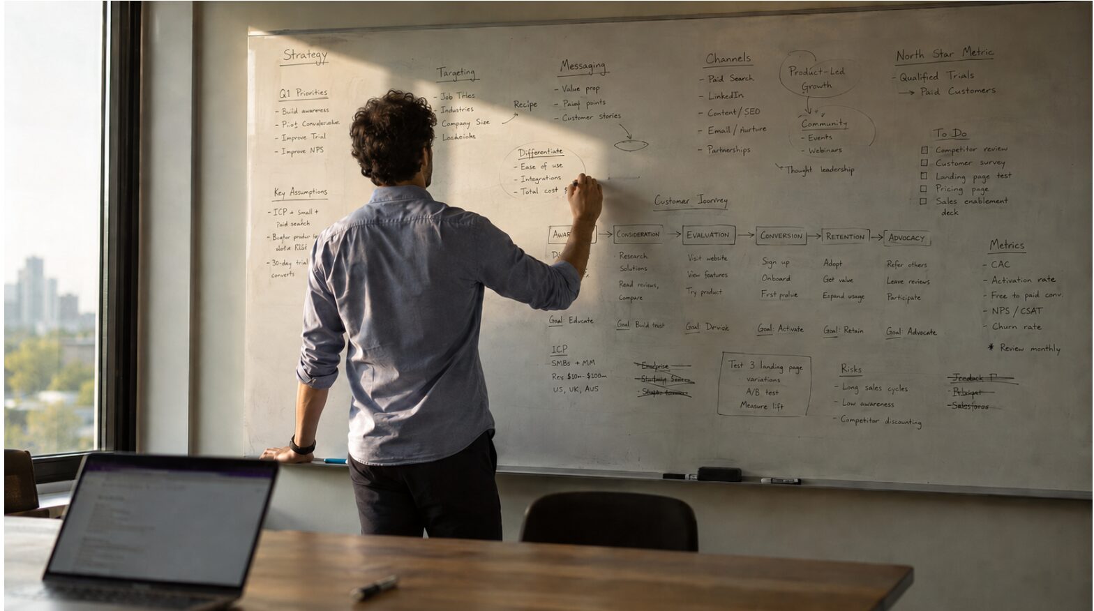 A strategist develops a human-first marketing plan on a whiteboard, outlining customer journey stages and campaign metrics.