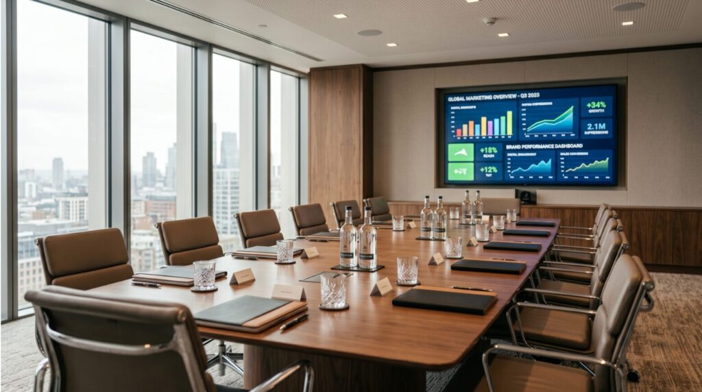 Empty boardroom displaying a marketing dashboard full of activity metrics — a classic marketing agency red flag.