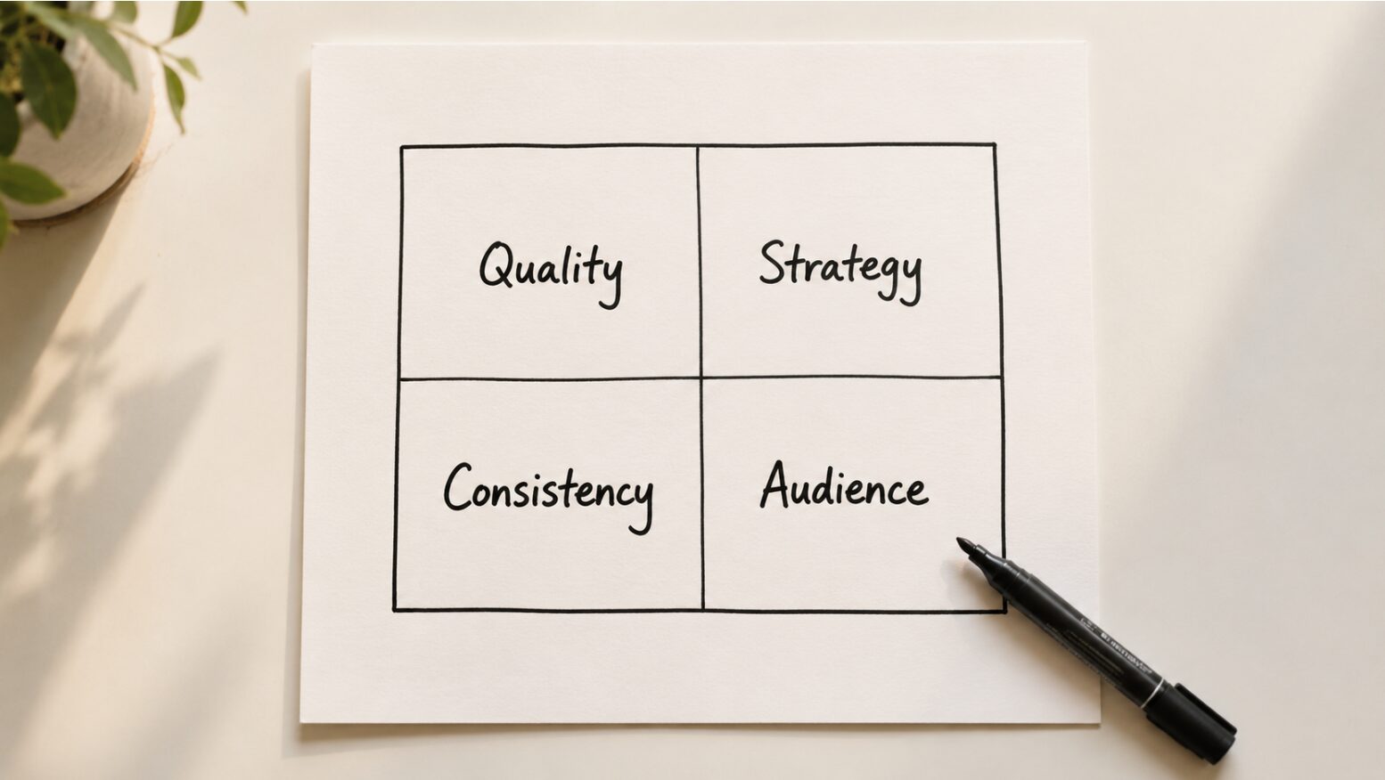 A hand-drawn 2x2 grid labeled Quality, Strategy, Consistency, and Audience — the four pillars of strategic content creation.