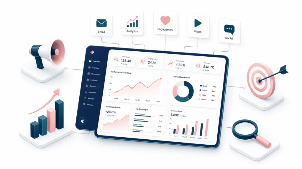 Isometric illustration showing AI in marketing as a connected system: dashboard, email, analytics, and social linked together.