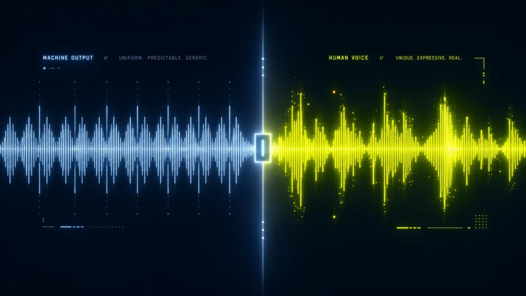 How to make AI content sound human: uniform machine output left, expressive and distinctive human voice right.