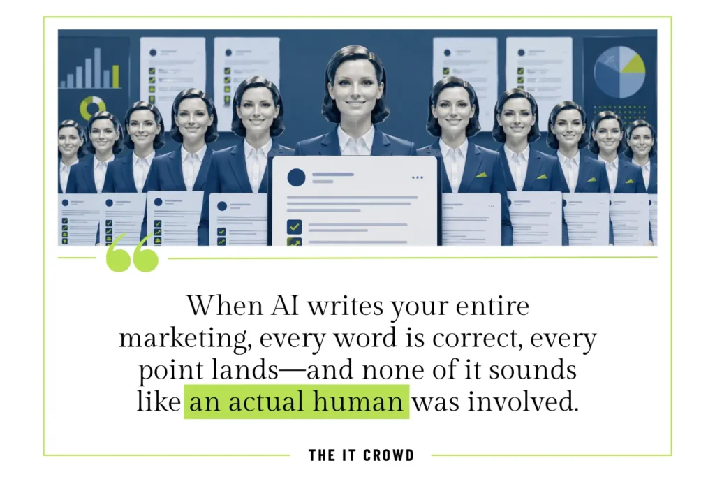 A lineup of identical smiling figures holding identical content: the visual definition of Stepford Wives Marketing.