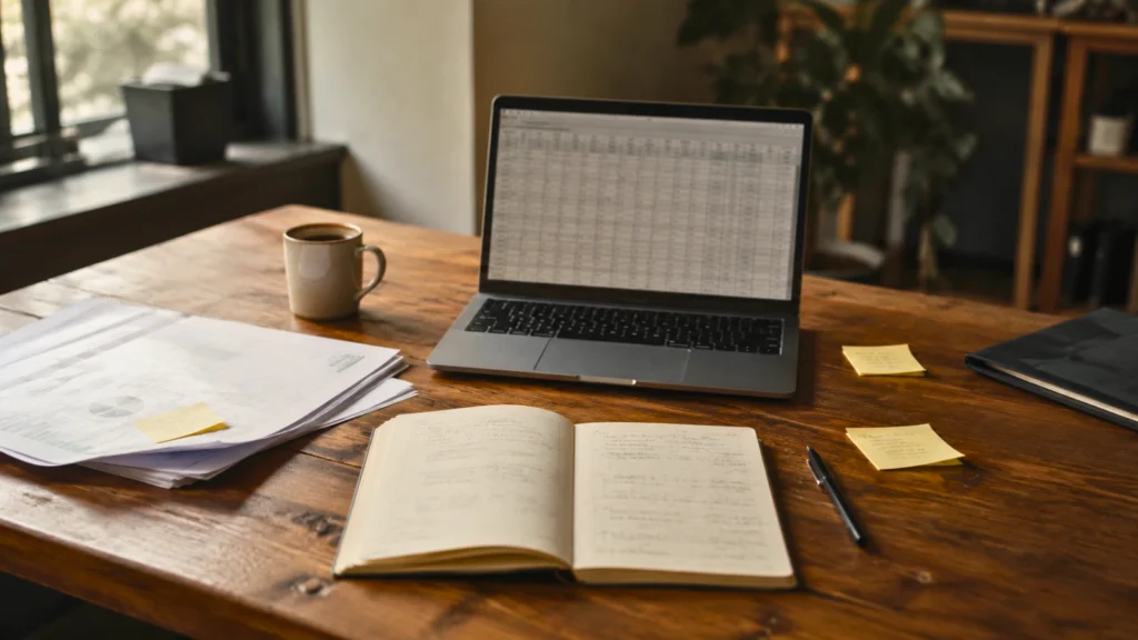 A cluttered desk with spreadsheets and notes shows the hidden cost of skipping marketing workflow automation.