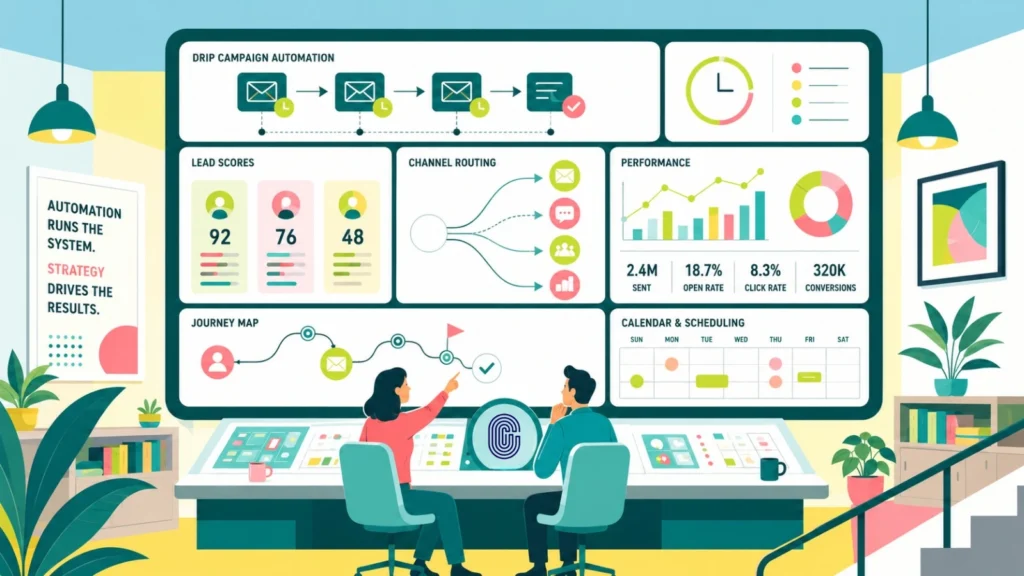 Illustration of two marketers reviewing a dashboard showing drip campaigns, lead scores, channel routing, and performance.