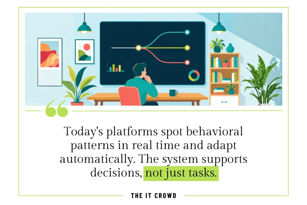 Illustration showing what is marketing automation: a professional observing adaptive pathways on a real-time display panel.