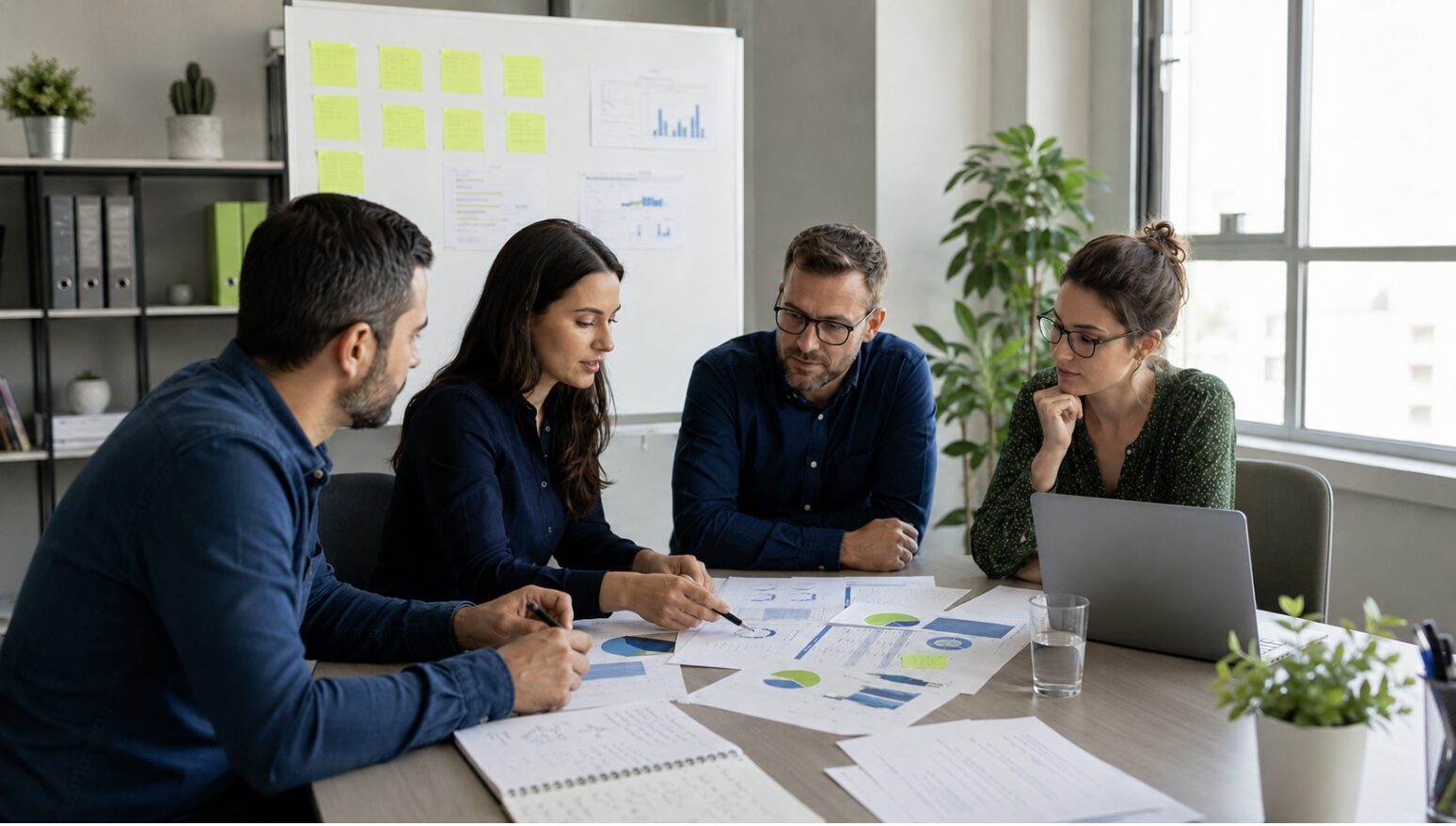 Marketing team reviewing campaign reports, website analytics, and performance data during a collaborative strategy audit meeting.