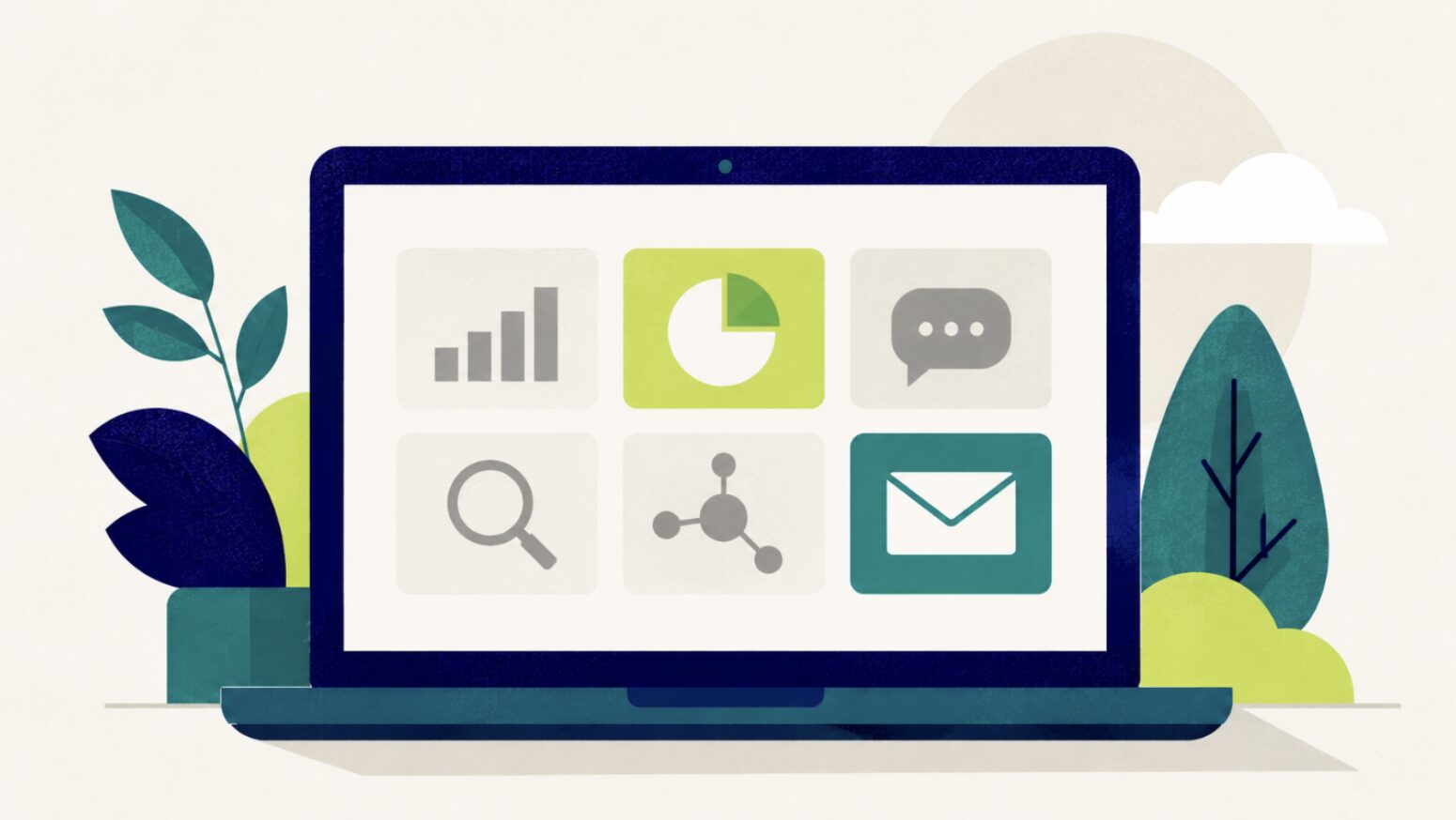 Laptop dashboard showing mostly unused AI marketing budget tools, only two icons active among six greyed-out apps.