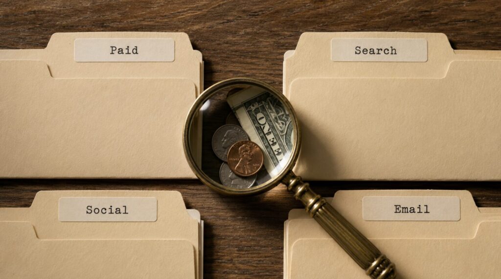 Magnifying glass reveals cash hidden between Paid, Search, Social, and Email folders, showing marketing audit cost waste