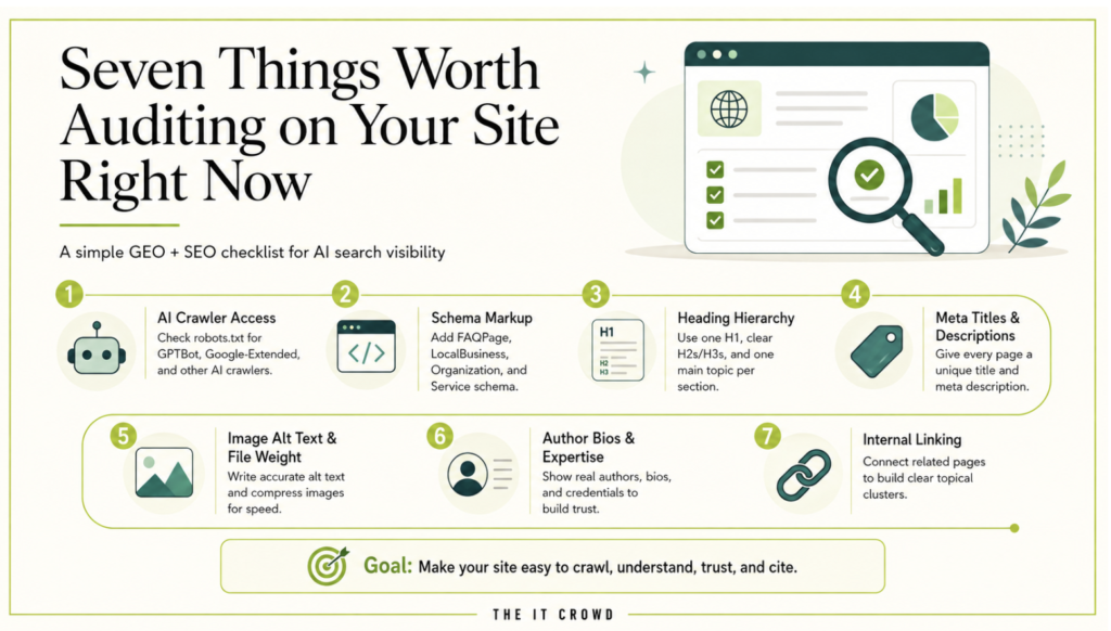 Seven-point GEO and SEO website audit checklist covering AI crawler access, schema, headings, metadata, images, authorship, and internal linking.