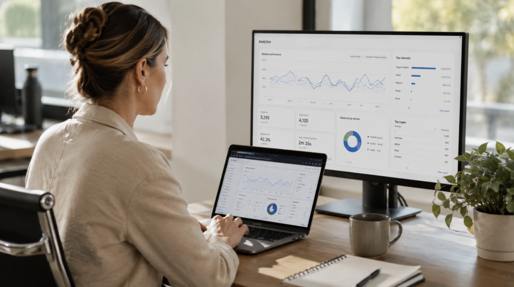 A marketing professional reviews website analytics on dual screens while auditing a client's AI search visibility.