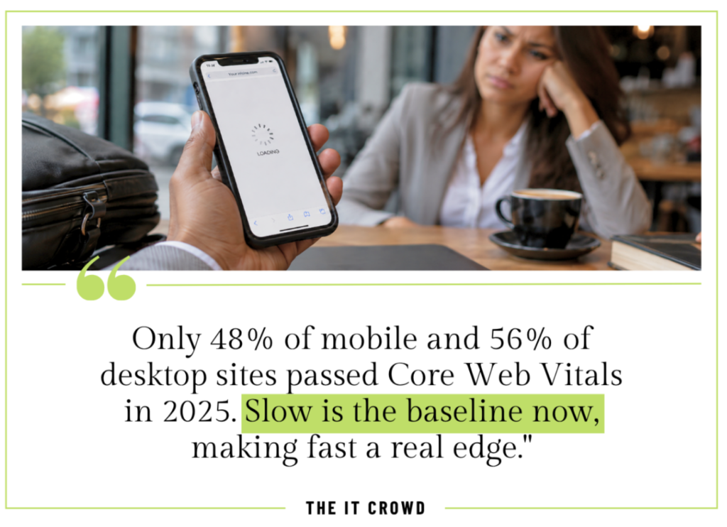 Businessman shows a slow-loading phone screen to a frustrated colleague waiting on a website to load in a cafe meeting.