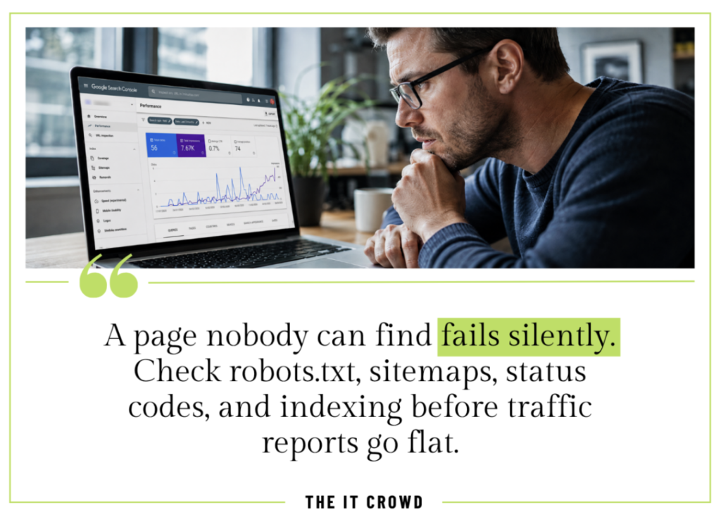 Marketing professional reviewing a Google Search Console report, checking site coverage and crawlability before Q4.