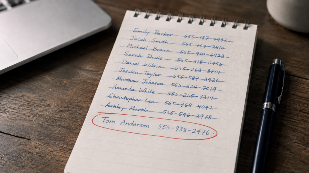Handwritten notepad list of marketing agency references, most names crossed out, one circled in red next to a pen.