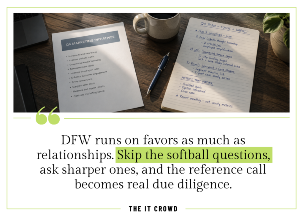 Side-by-side comparison of a generic printed marketing checklist and a specific handwritten Q4 strategy notepad.