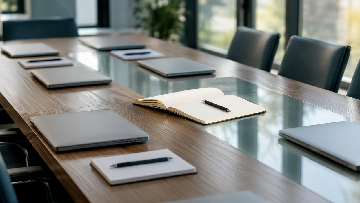 Row of identical laptops on a boardroom table, one open notebook standing out to represent brand differentiation content.