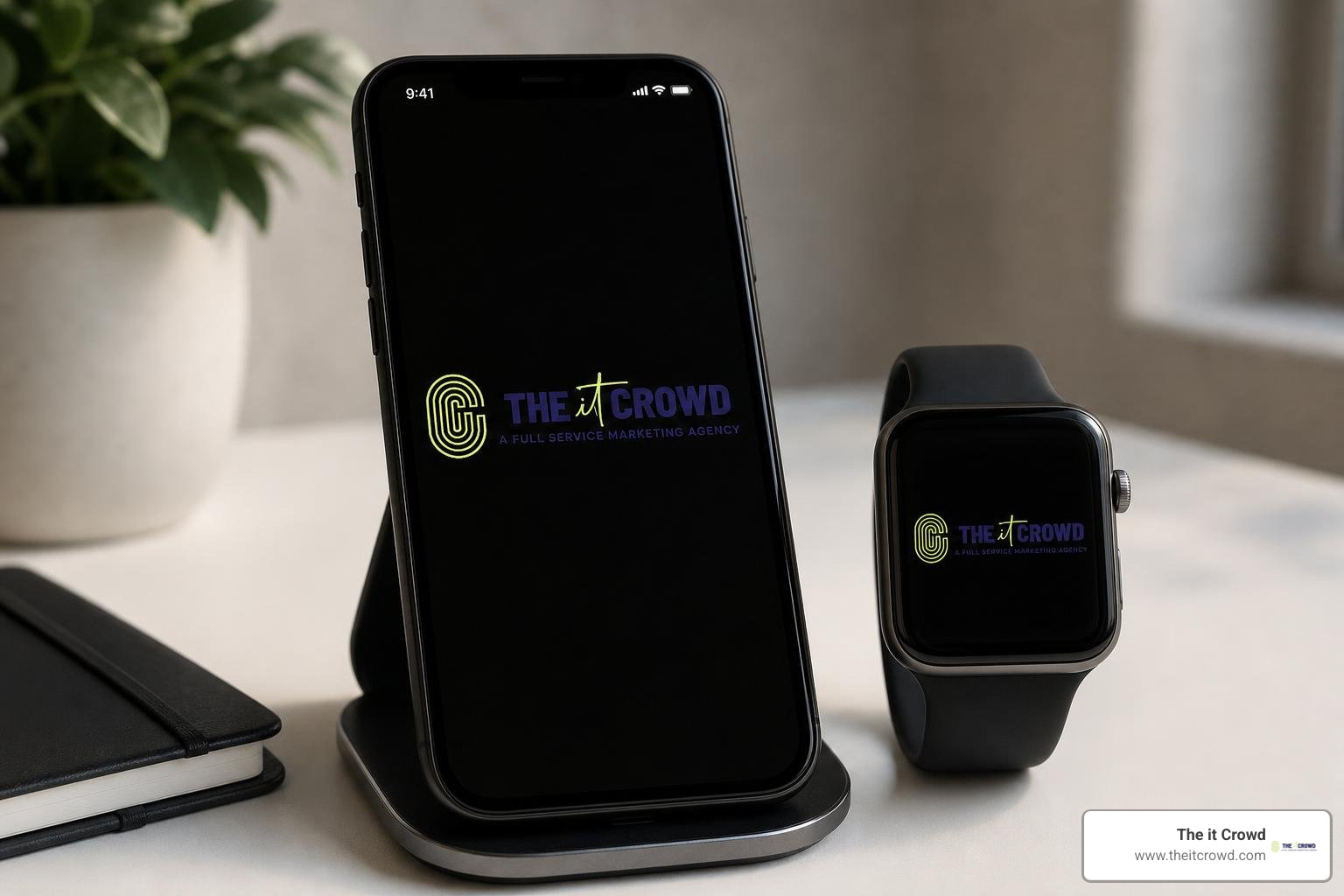 modern brand logo on smartphone and smartwatch